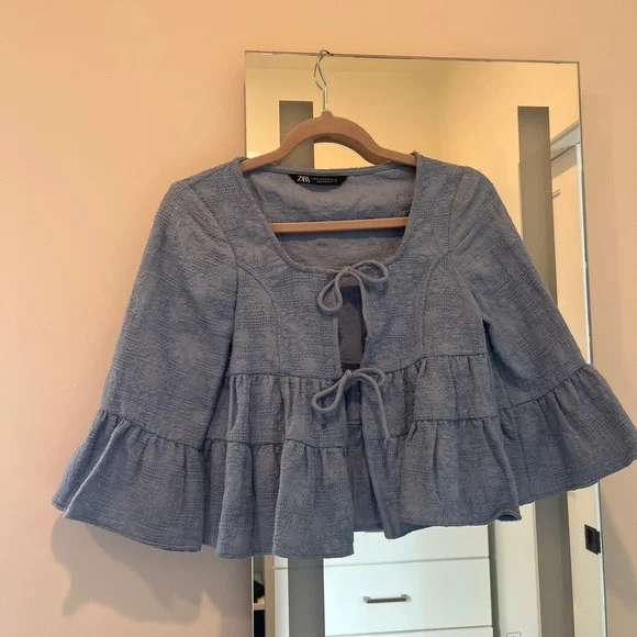 Zara Light Blue Babydoll Tie Top - Picture 2 of 4